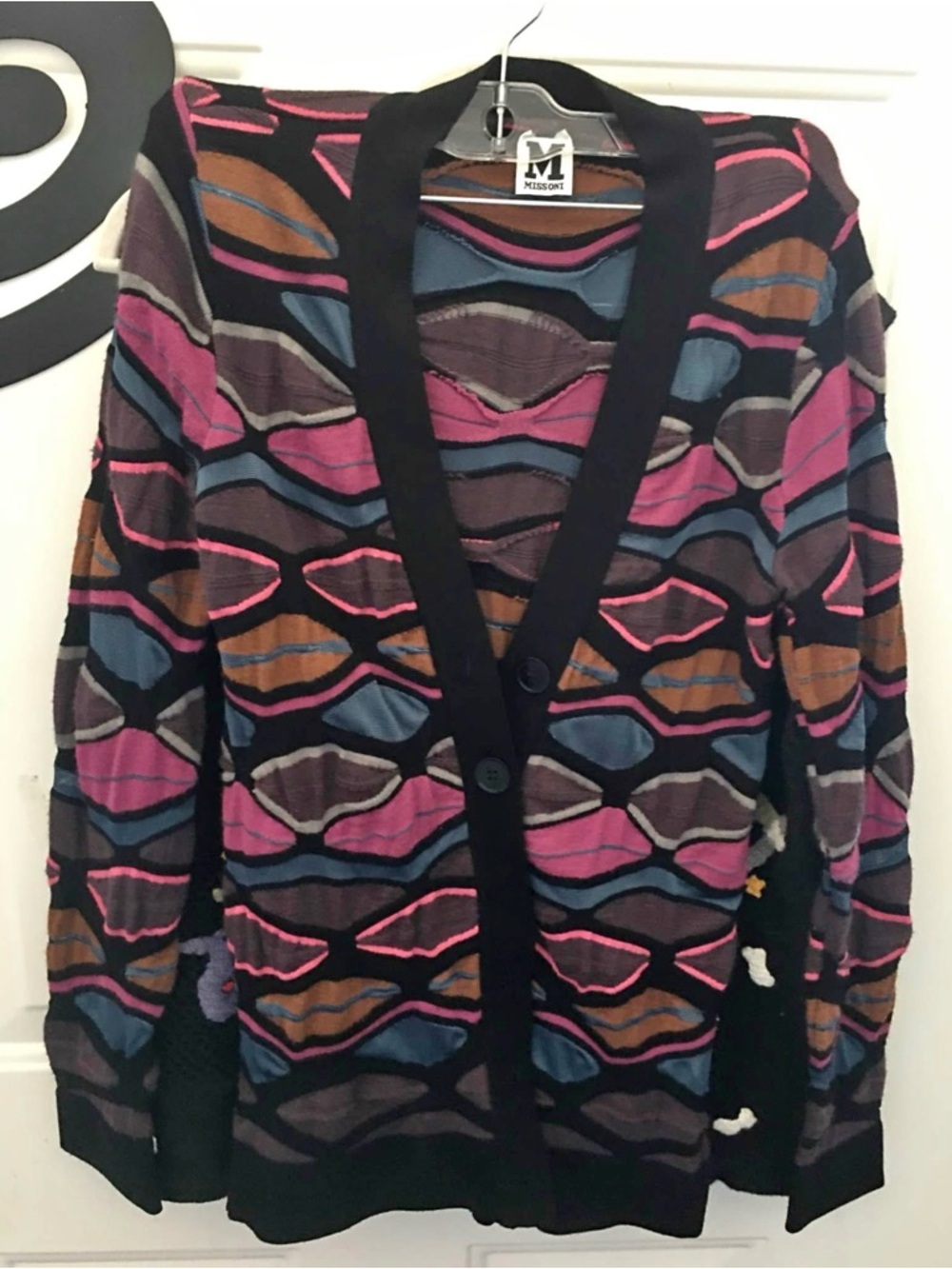 Missoni Black Cardigan with Pink, Blue & Brown Geometric Motif